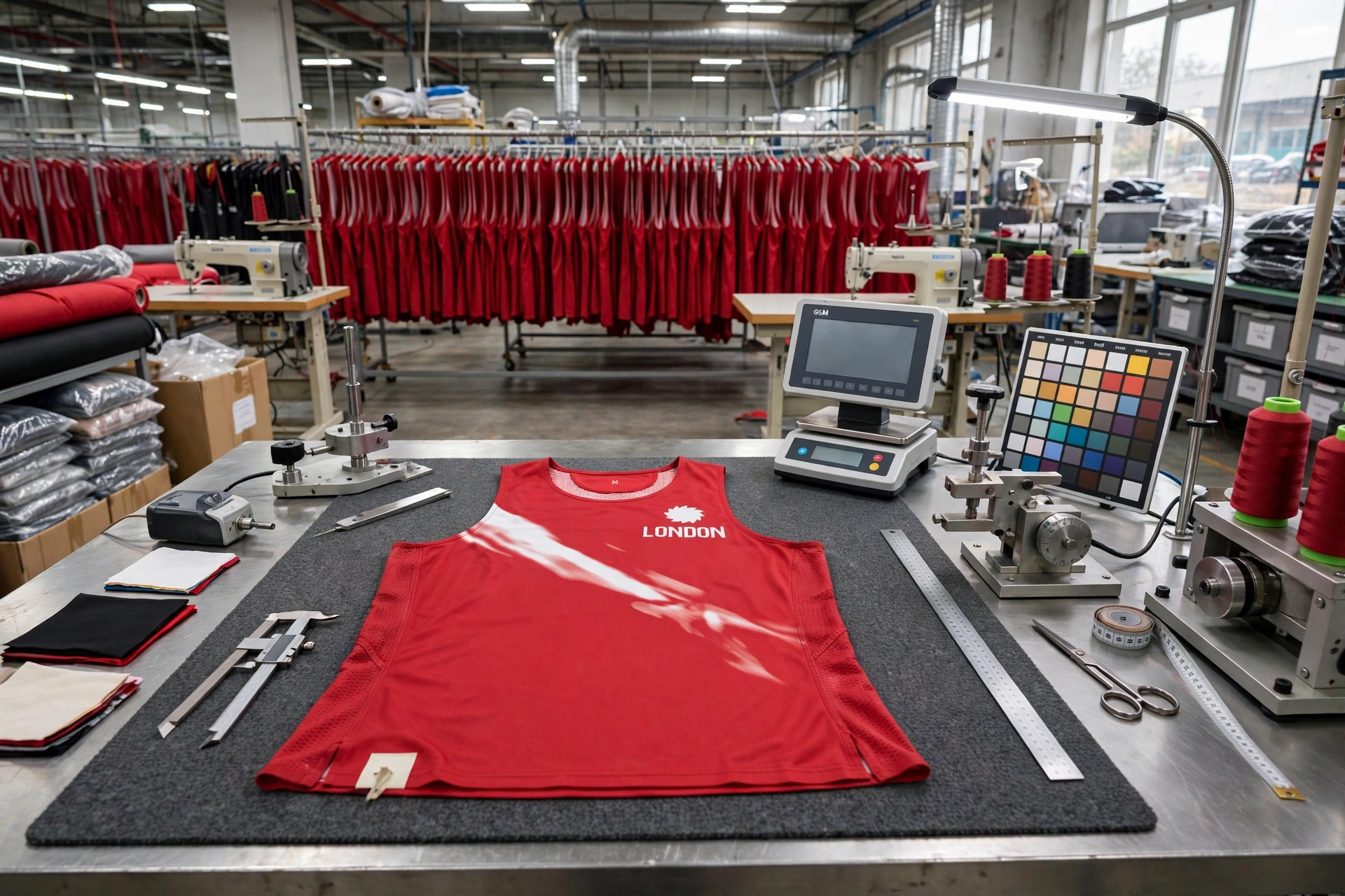 Red LONDON sleeveless tank with white brush stroke on quality control table with GSM scale color calibration chart stitch tension tools - strategic brand scaling wholesale private label production 1536x1024