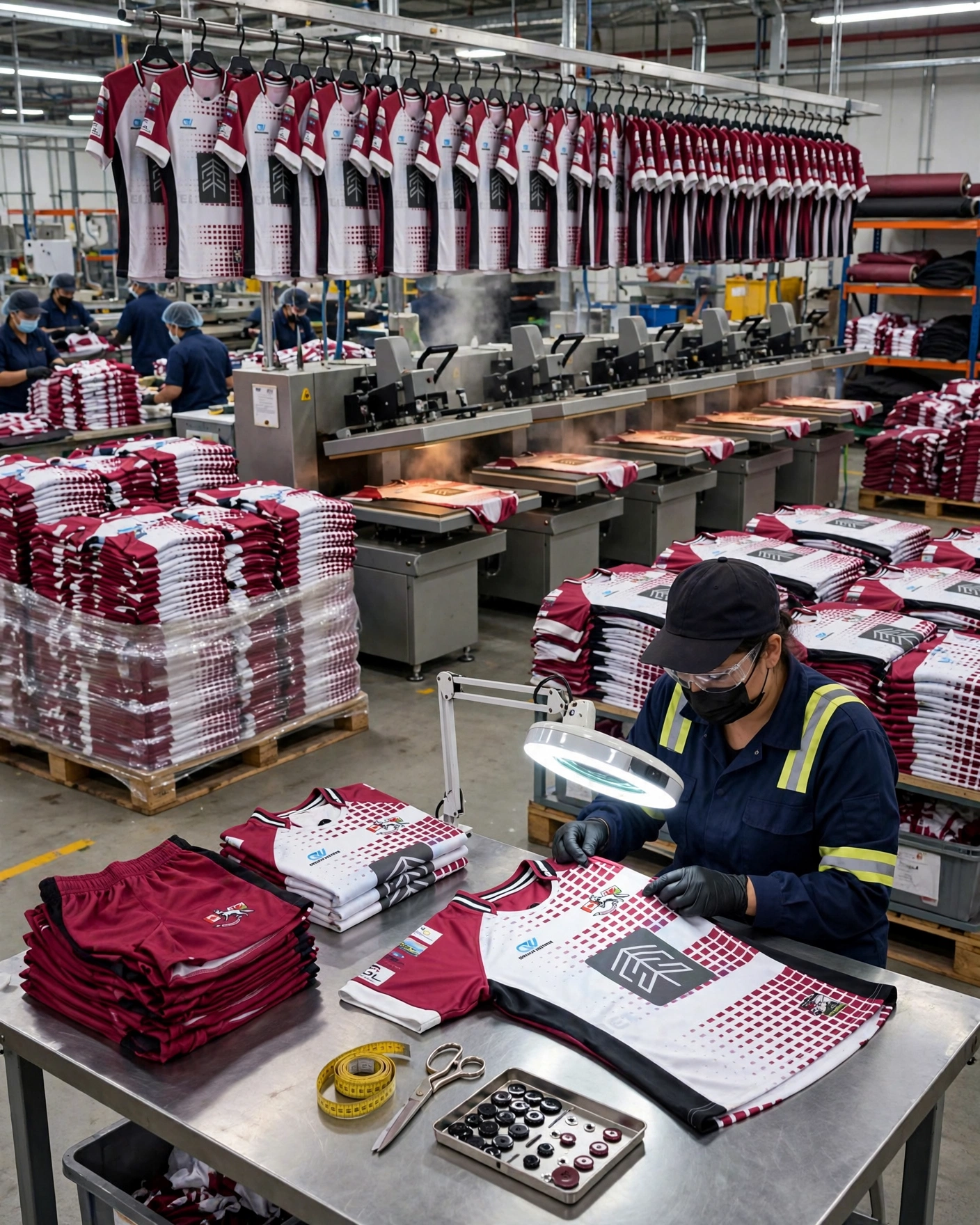 Mass production factory executing bulk maroon white rugby kit order with strict quality control checkpoints and timeline adherence