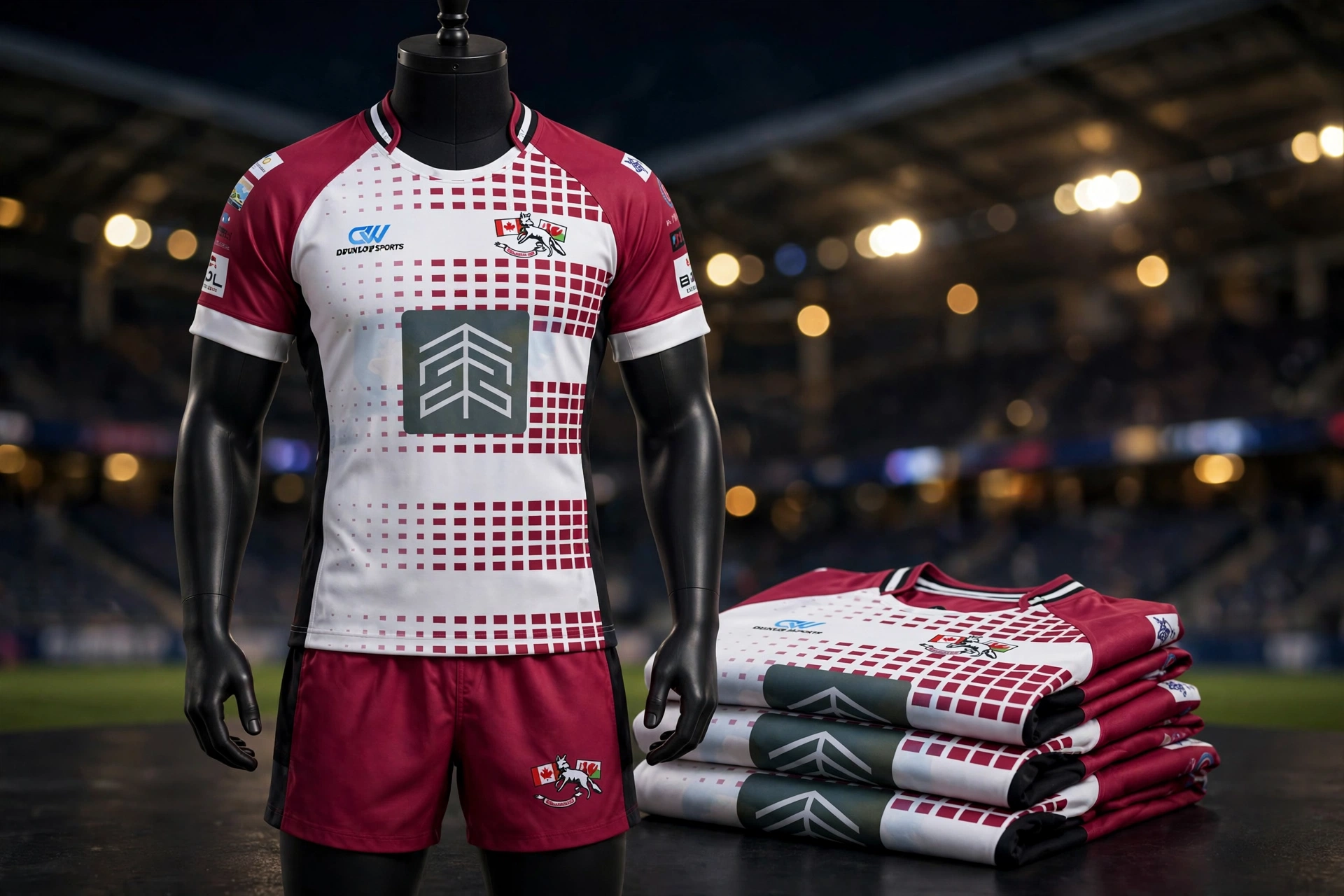 Cohesive rugby uniform system with maroon white checkered jersey and matching shorts as unified kit under stadium lights