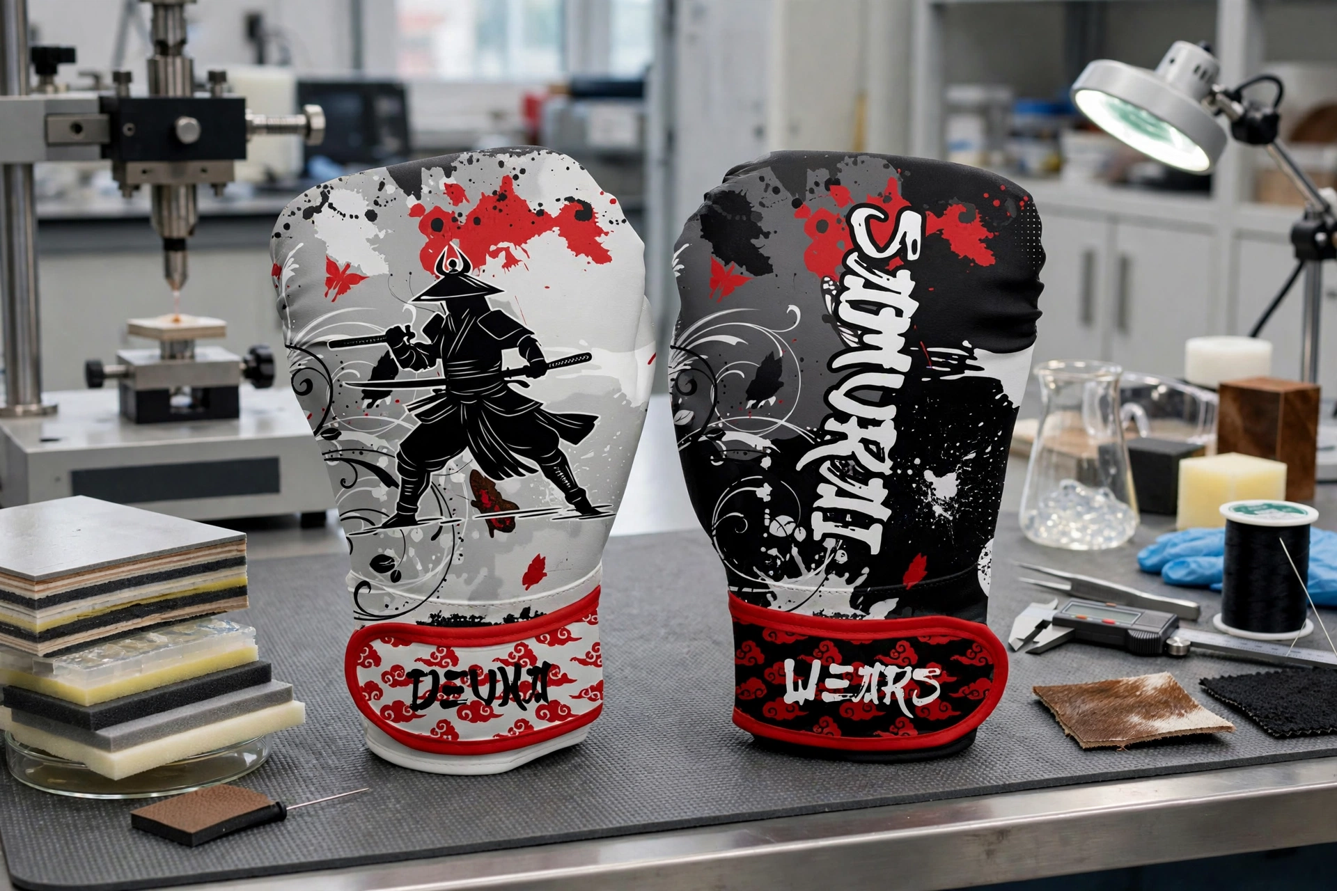 White and black Samurai Deuka Wears boxing mitts with red splatter on lab table with multi-layer EVA latex gel foam cores cowhide swatches and testing equipment - engineering durability and safety fight equipment