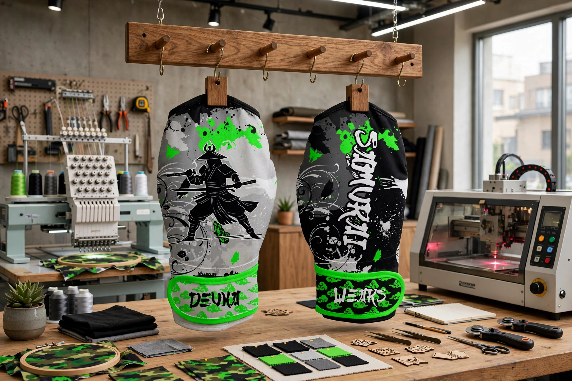 Samurai Deuka Wears boxing bag mitts with neon green splatter and samurai graphic hanging in brand consistency studio with embossing laser etching embroidery equipment - flawless brand consistency