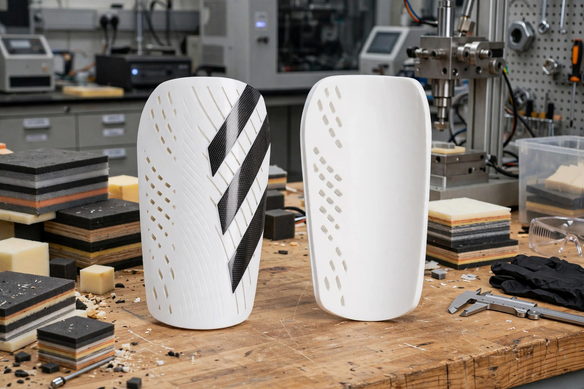 White shin guards with black diagonal stripes and ventilation holes on wooden table in tear resistance lab with multi-density laminated foam cores - extreme tear resistance sublimation printing