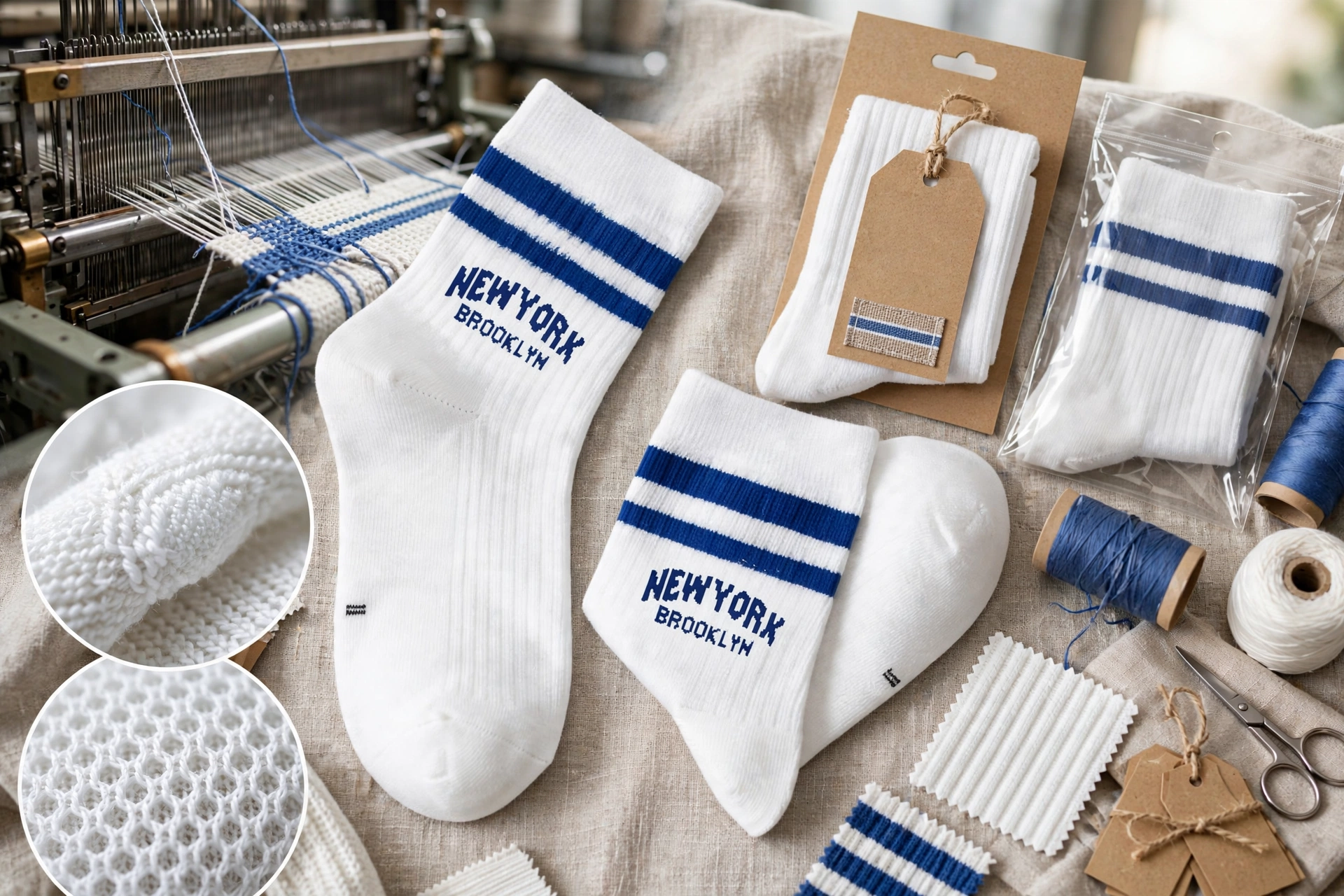 White NEW YORK BROOKLYN crew socks with two blue stripes displayed with jacquard knitting loom, ribbed cushioning texture closeups, branded packaging hangtags header cards and polybags - customization techniques