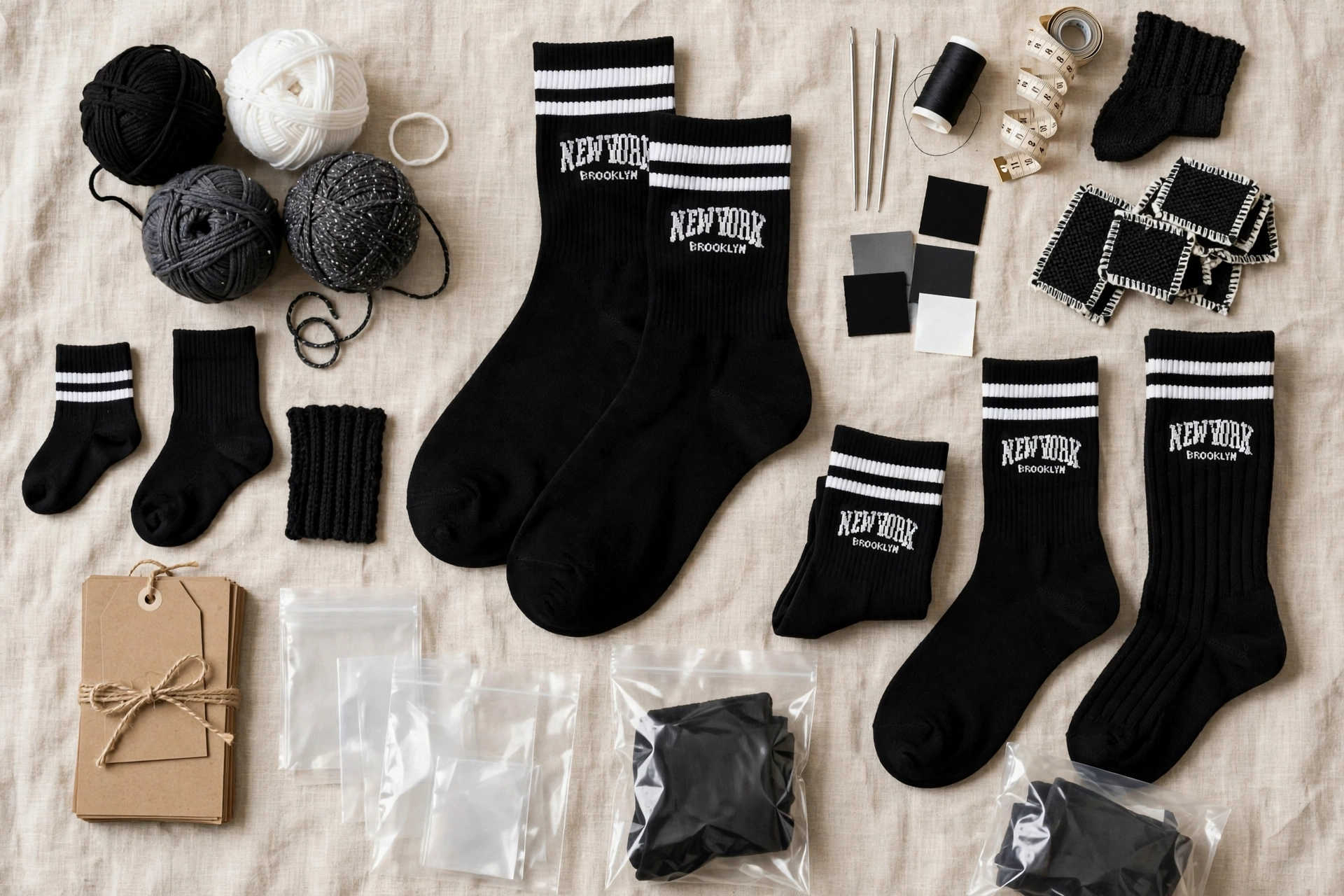 Black NEW YORK BROOKLYN crew socks with white stripes surrounded by yarn balls Pantone color swatches knitting needles measuring tape cuff height variations cardboard headers polybags - customizing every detail your brand your rules