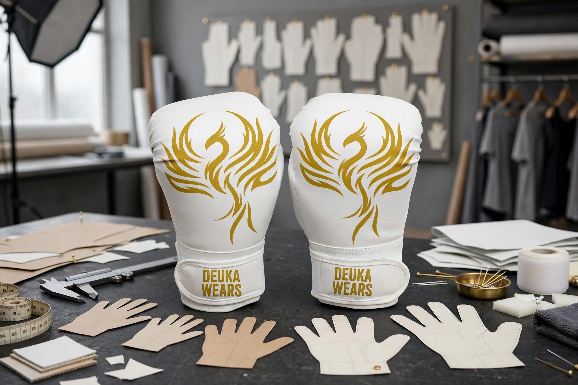White Deuka Wears boxing gloves with gold phoenix on grading table with 8oz to 18oz glove pattern templates for youth to professional sizing