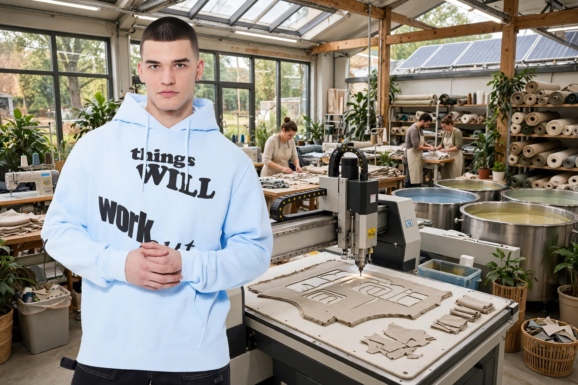 Sustainable ethical apparel manufacturing - model in light blue things WILL work out hoodie inside eco-friendly factory with CNC cutting table optimizing fabric, non-toxic dye vats, solar power and fair labor conditions