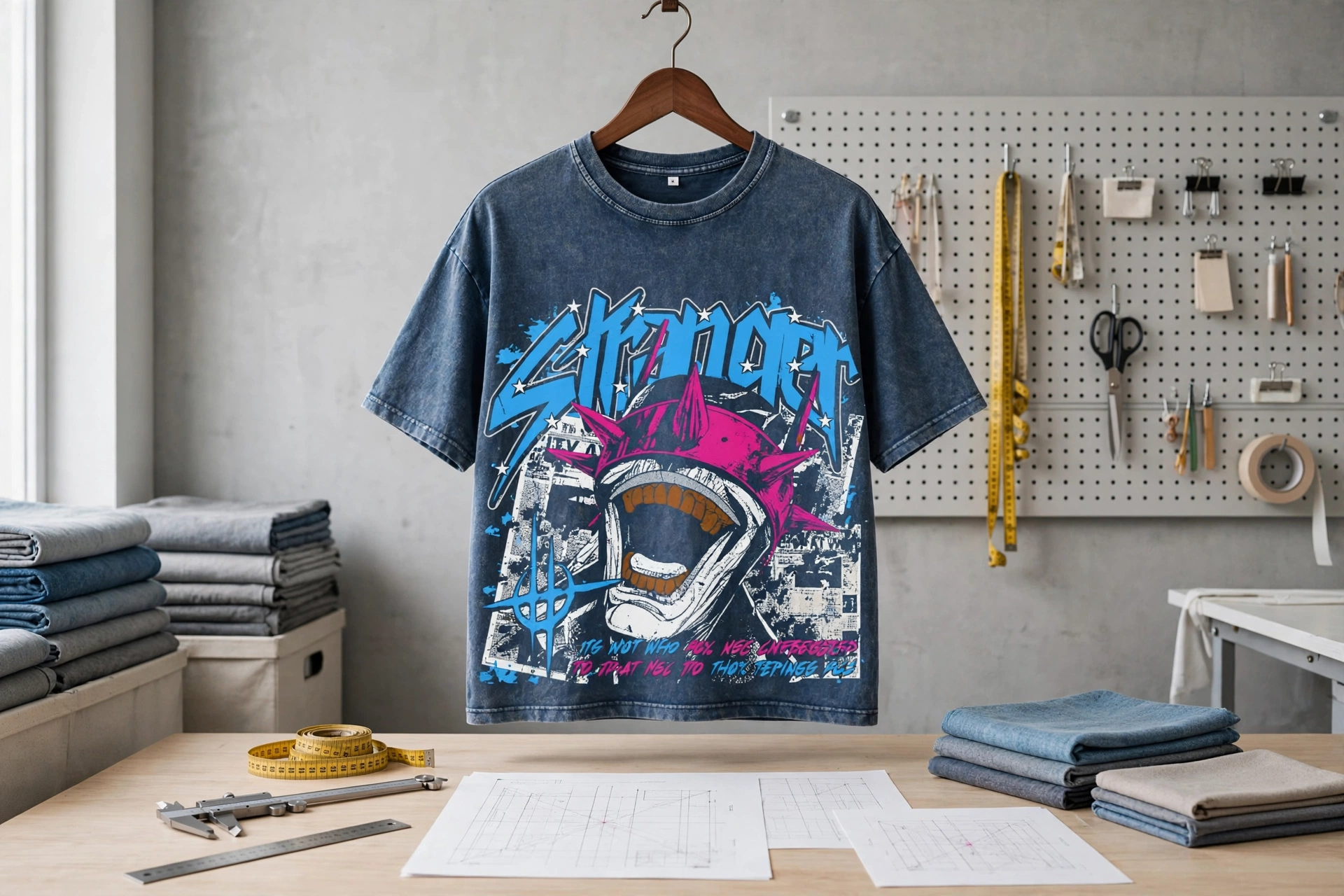 Faded denim blue acid wash oversized t-shirt with STRANGER pink spiked crown screaming mouth graphic hanging on wooden hanger in custom spec sheet adherence studio with chest width sleeve length hem drop measurements and tech pack blueprints - precise garment execution