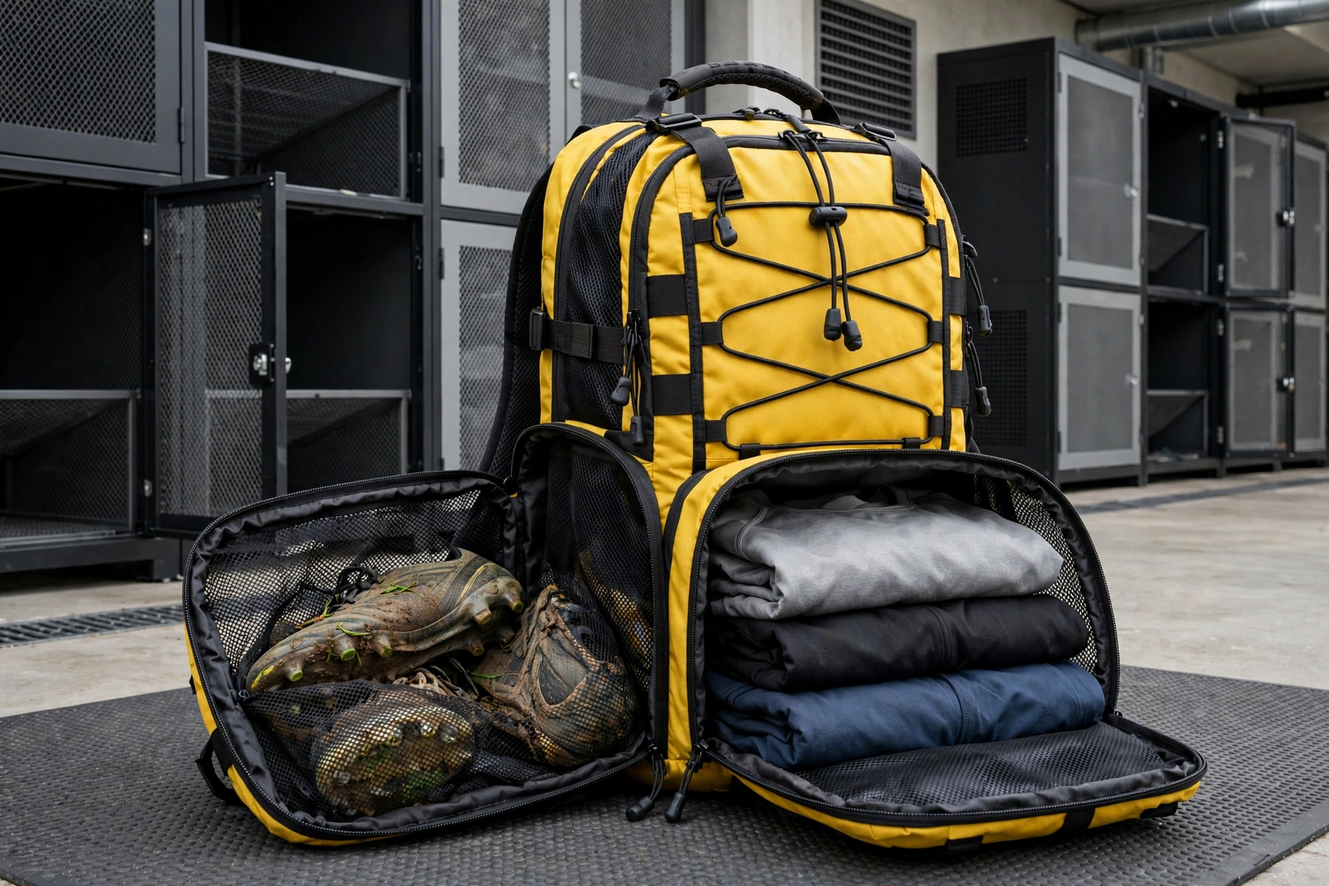 Yellow and black tactical backpack open showing side-entry ventilated shoe garage with muddy cleats in breathable mesh compartment separate from clean clothes - isolated shoe storage