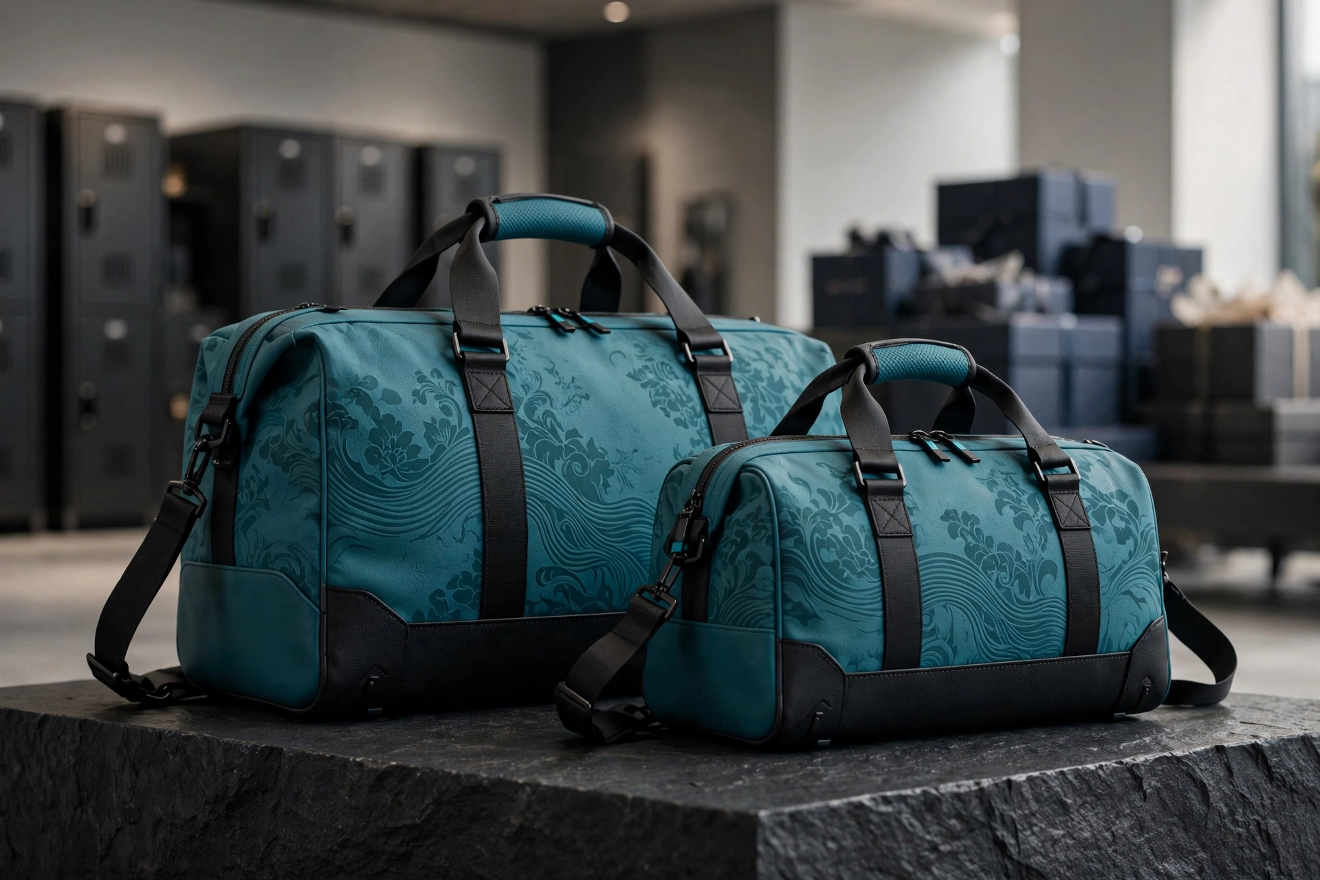 Two teal duffle bags with tonal wave floral pattern and black straps on stone pedestal in premium showroom with gym lockers and corporate gift boxes background - Deuka Wears wholesale brand elevation