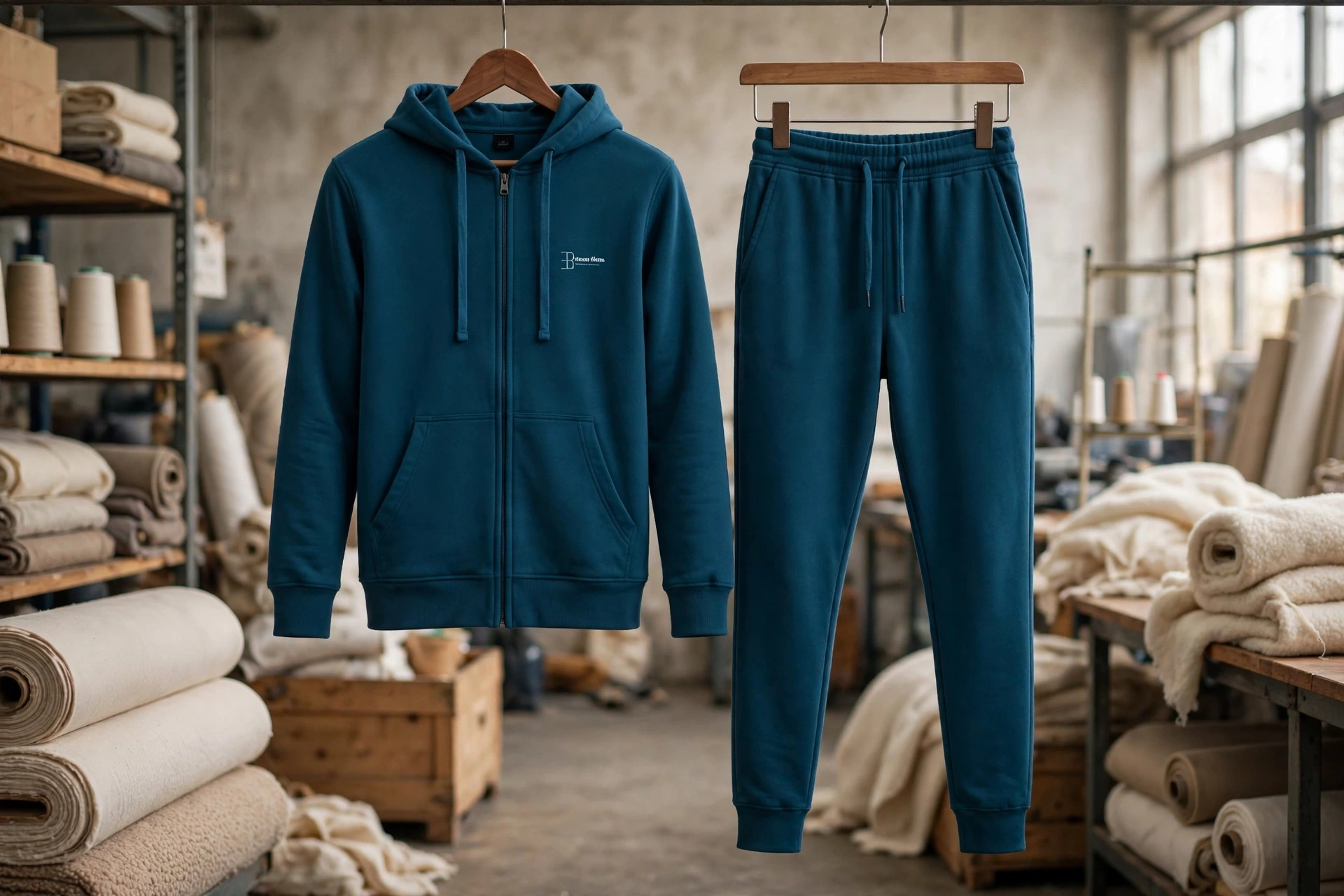 Teal zip-up hoodie and jogger tracksuit hanging on hangers in direct factory partnership textile mill with 400 GSM tech fleece rolls, yarn spools, fabric stacks and dedicated project oversight workspace