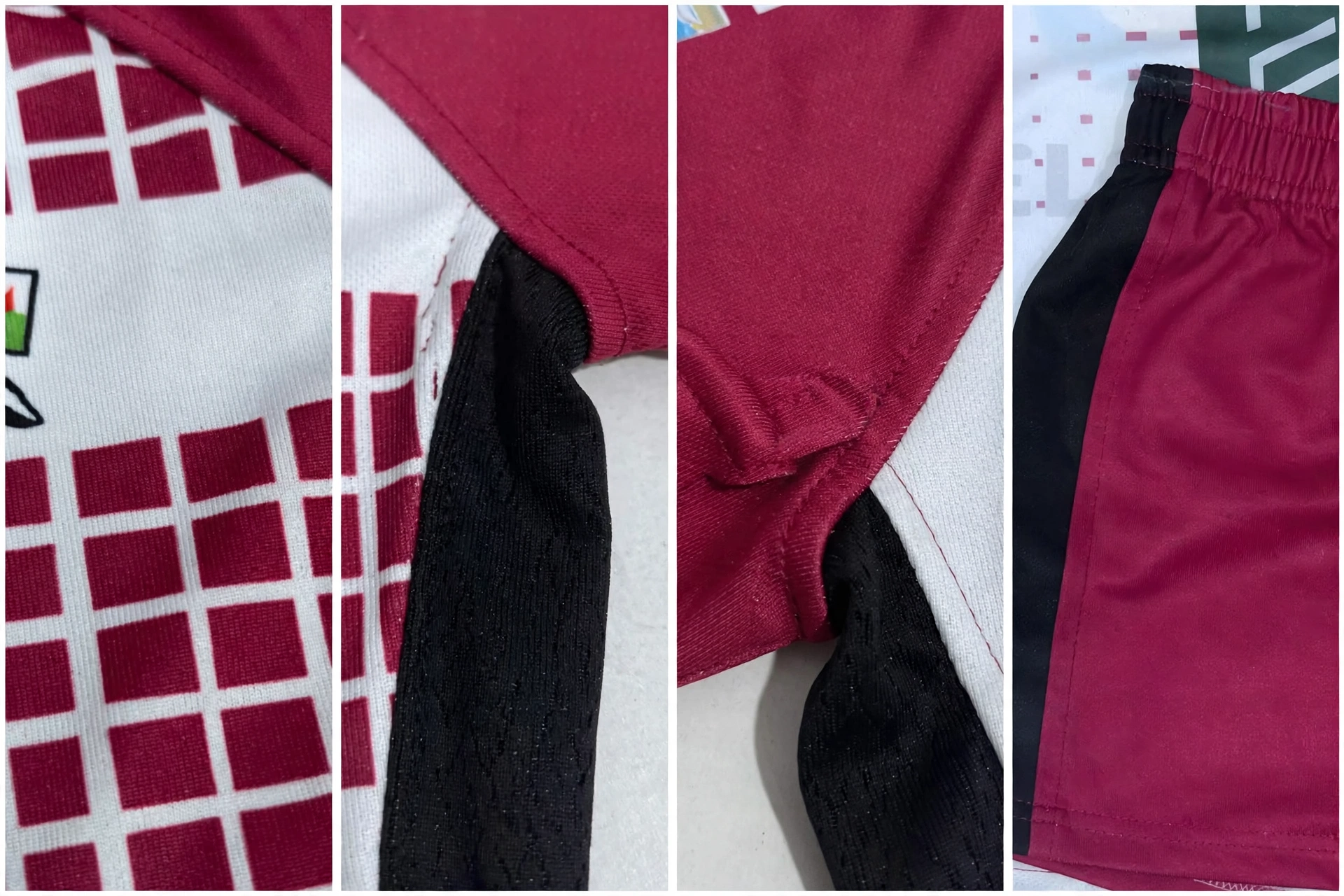 Advanced technical fabrics for rugby performance showing anti-grab polyester 4-way stretch gussets and double-layer shoulder panels on maroon kit