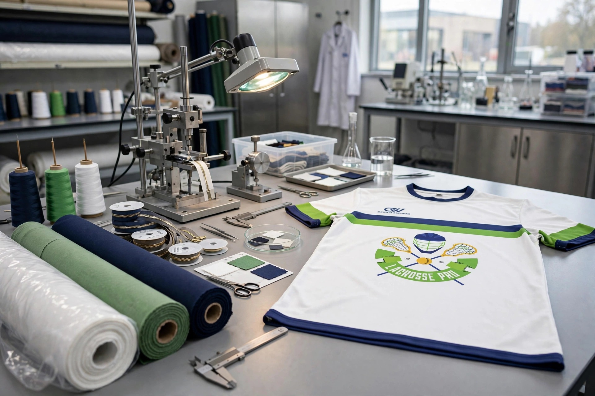 White Lacrosse Pro jersey with green blue stripes on lab table with fabric rolls navy green white, zipper spools, thread cones under inspection lamp - raw material inspection lab testing 1536x1024