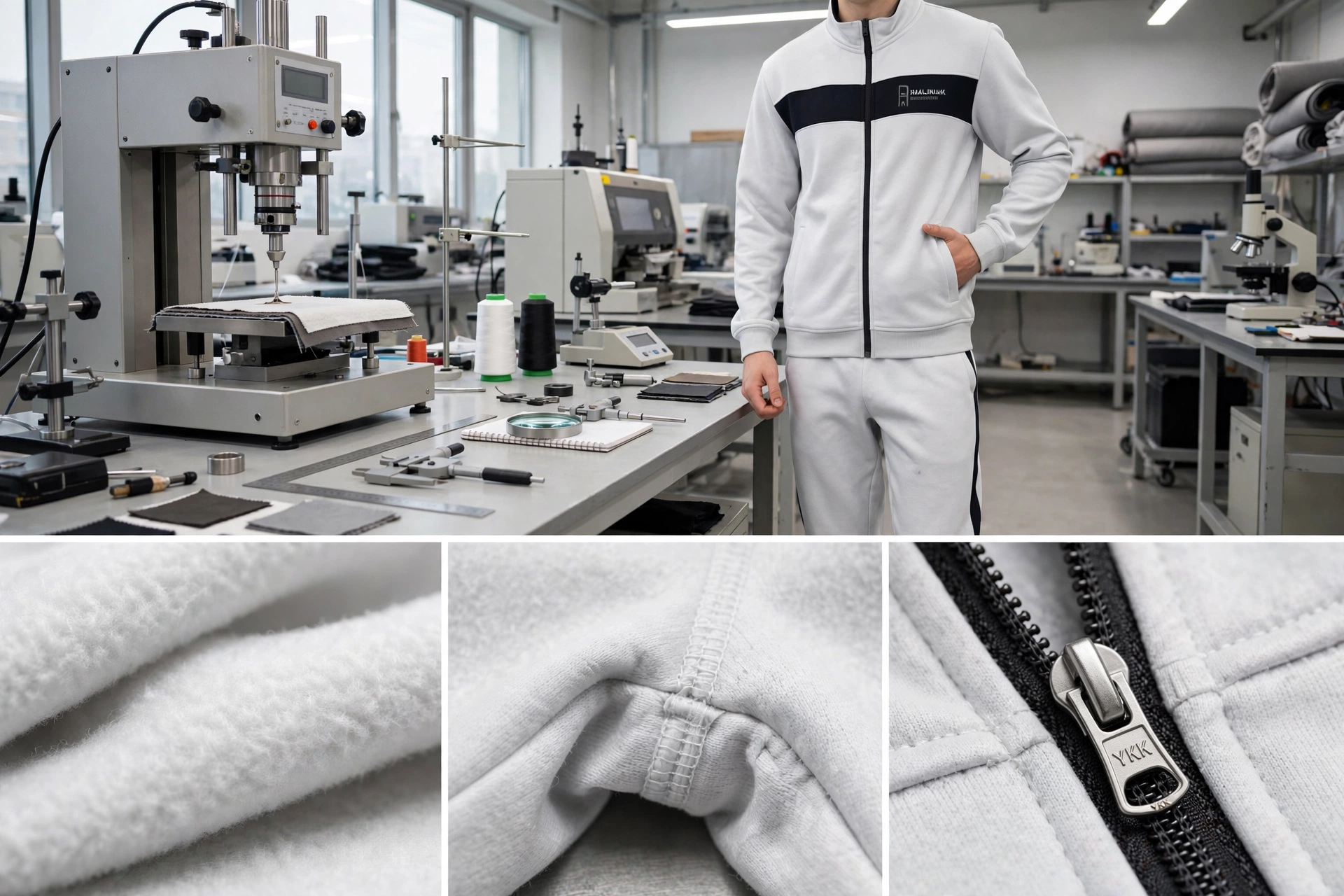 White premium tracksuit with black stripe details displayed in textile testing lab with close-ups of heavyweight fleece texture, reinforced stitching, and YKK zipper hardware