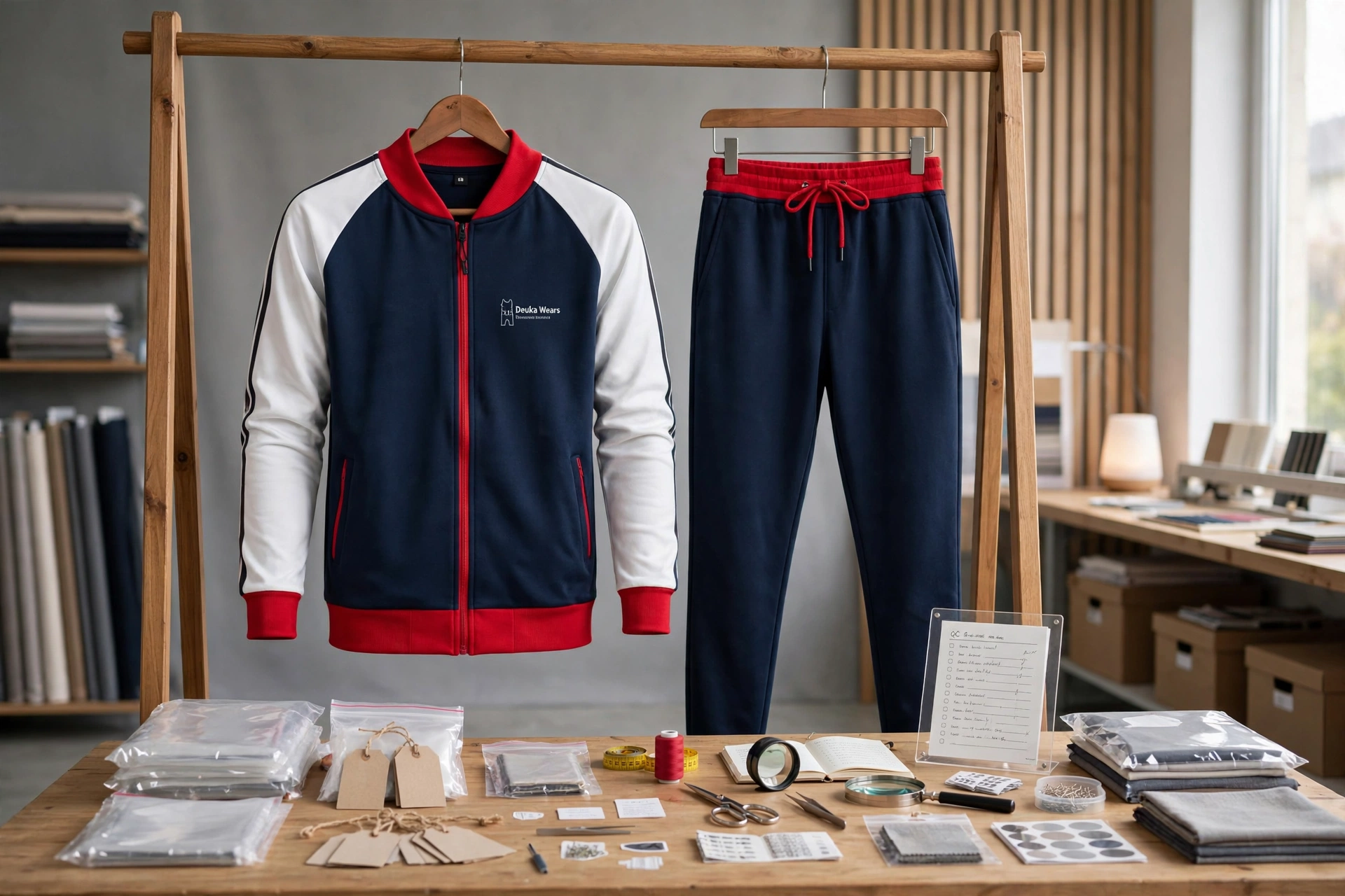 Navy blue red and white raglan tracksuit jacket with matching jogger pants hanging on wooden rack in retail-ready quality control studio with custom woven labels hangtags polybags branded eyelets stitch inspection tools and QC checklist - top boutique standards by Deuka Wears