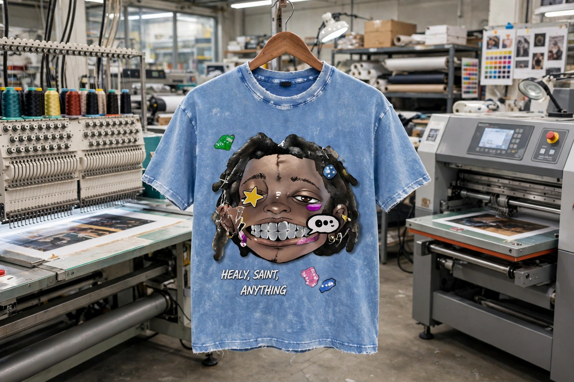 Light blue acid wash distressed t-shirt with HEALY SAINT ANYTHING cartoon graphic hanging on wooden hanger in advanced sublimation and print integration factory with embroidery machines and heat press - wholesale custom print