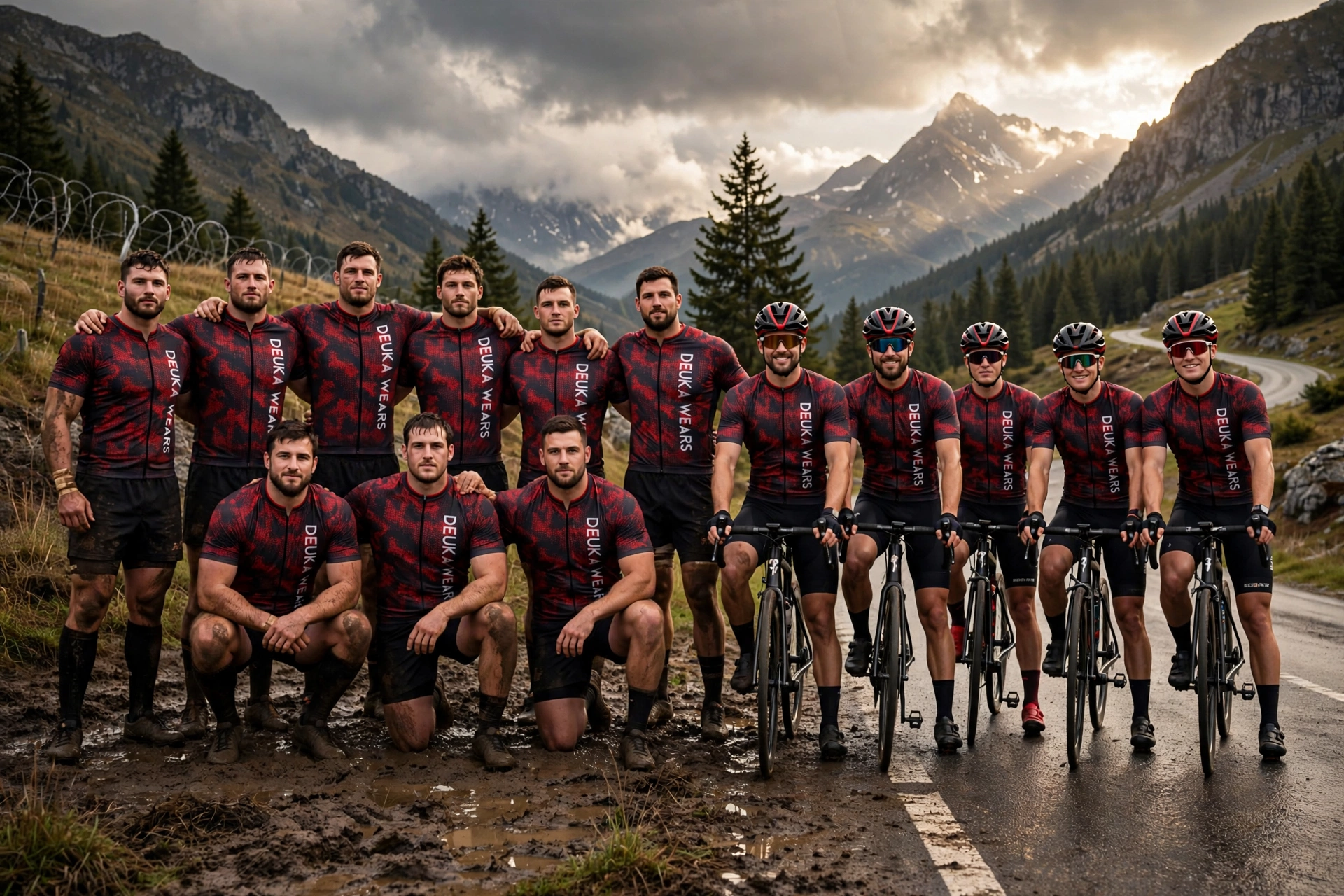 Deuka Wears custom rugby and cycling roster in red black camo jerseys showing endurance and dominance from muddy scrum to mountain road