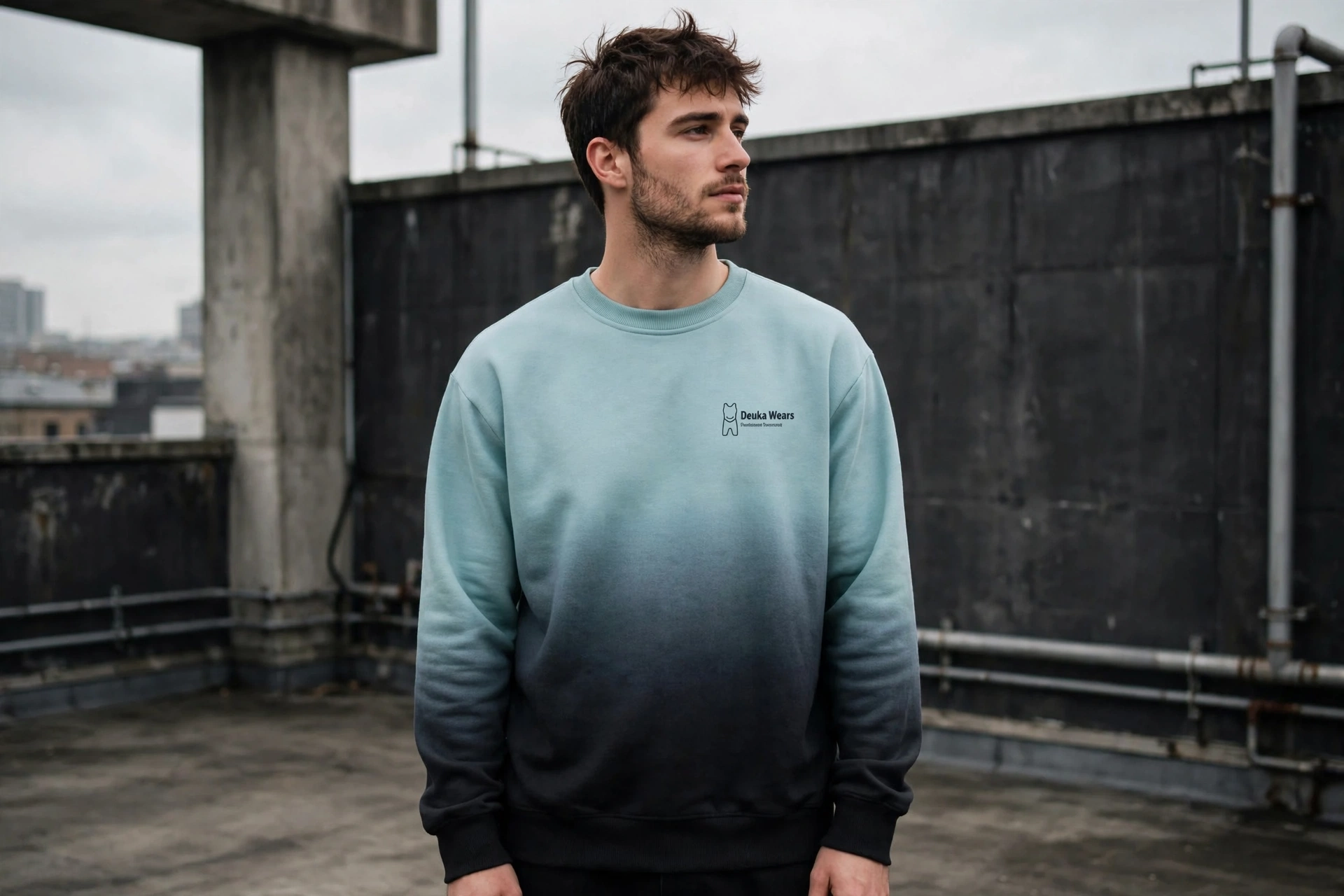 Man wearing ombre mint teal to black gradient crewneck sweatshirt with small Deuka Wears logo on left chest, standing on urban industrial rooftop with dark concrete walls and overcast sky, landscape 1536 by 1024 pixels, completely different background from previous beige studio