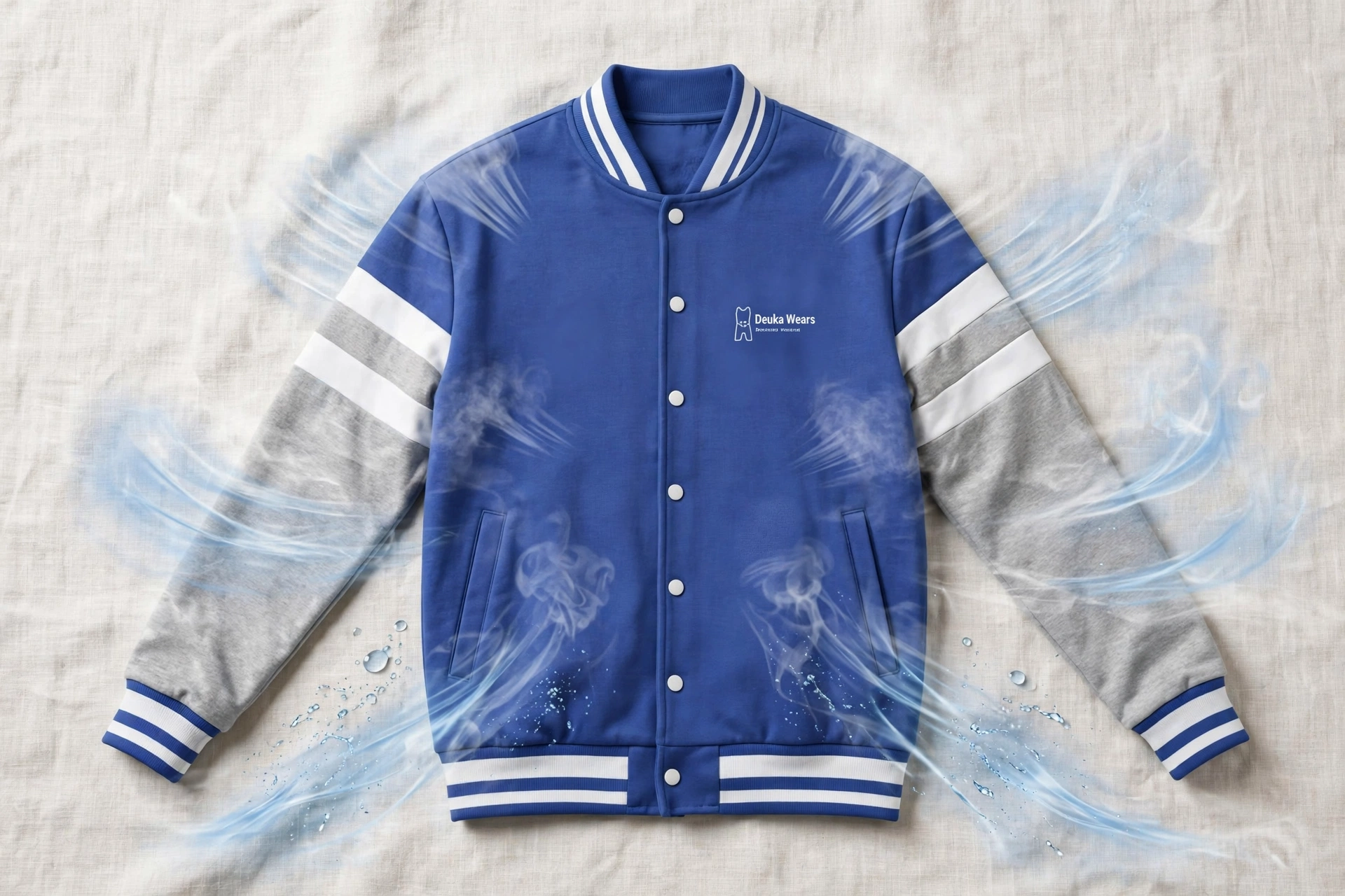 Royal blue and grey Deuka Wears varsity jacket flatlay with airflow visualization and water droplets showing breathability - dye absorbed into fabric matrix retaining air permeability moisture-wicking properties 1536x1024