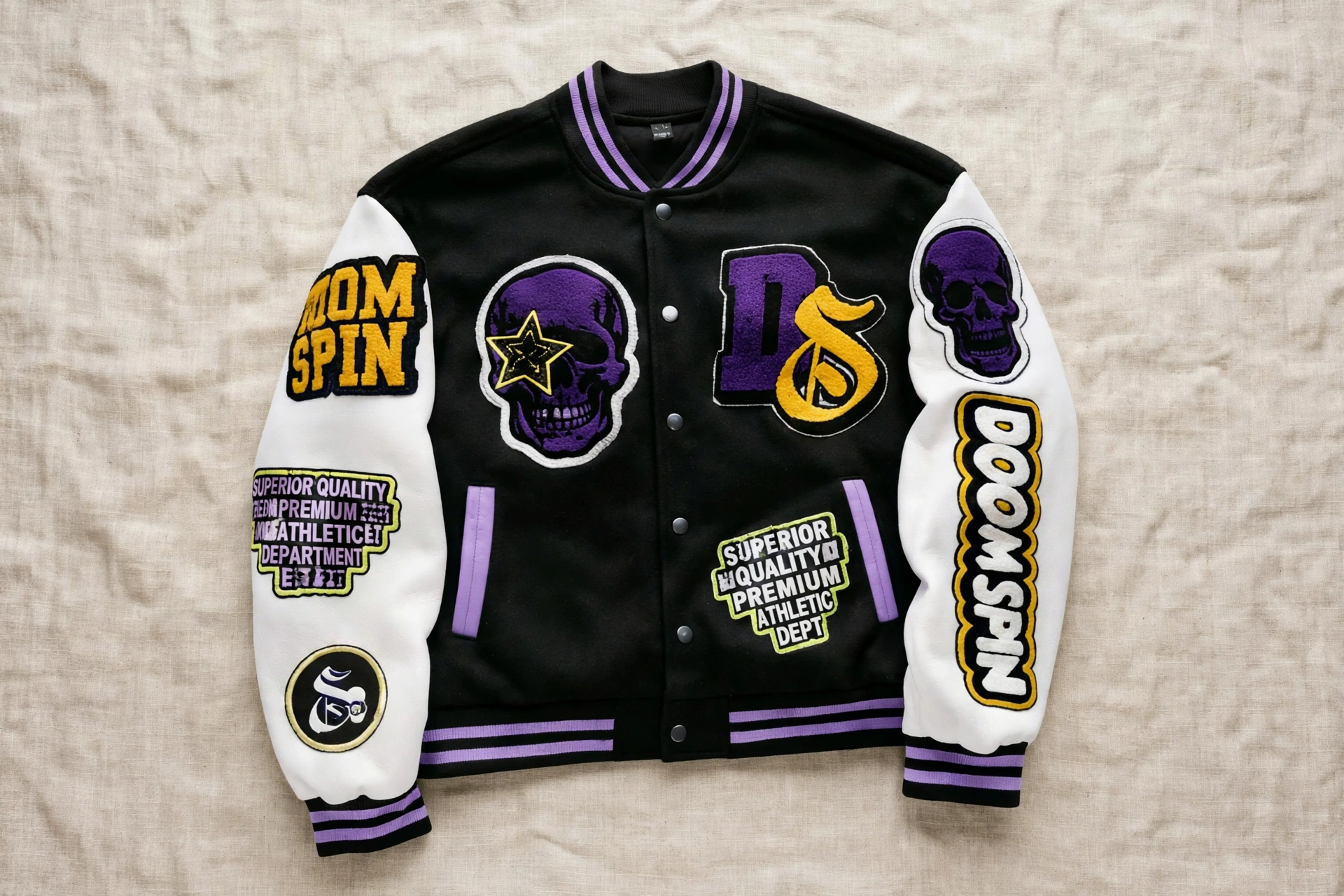 Black DOOM SPIN varsity jacket with white leather sleeves purple skull patches yellow DS logo flatlay with sublimation polo shirts purple black - classic varsity and letterman jackets collegiate style 1536x1024