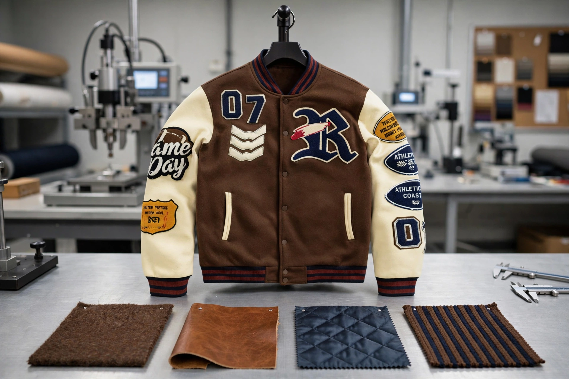 Brown and cream premium varsity jacket with 07 and R chenille patches displayed in textile testing lab with Melton wool, cowhide leather, quilted satin lining and rib-knit trim swatches - engineering durability by Deuka Wears