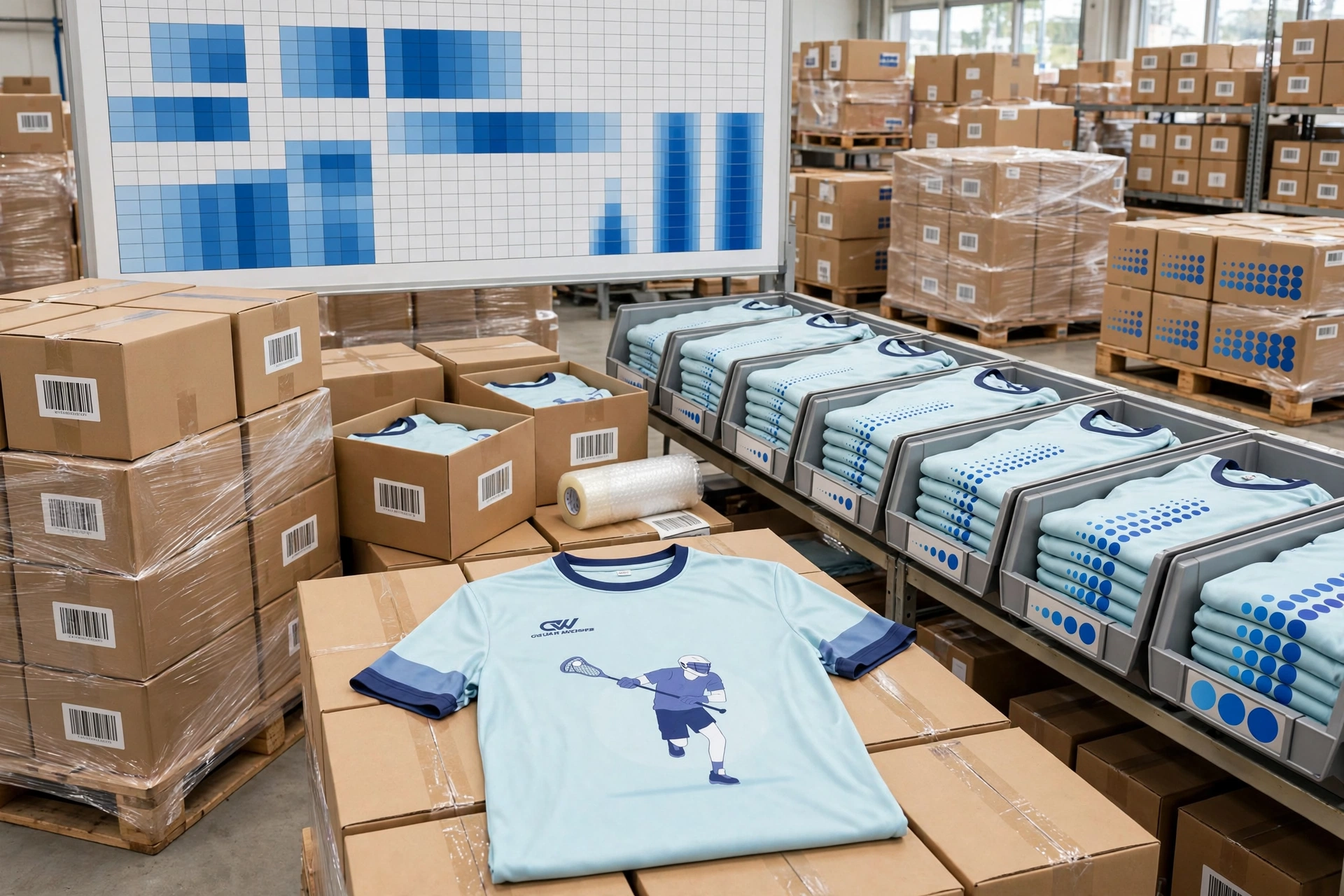 Light aqua LACROSSE t-shirt with navy stripes on warehouse table surrounded by barcoded cartons, sizing matrix board with blue grids, bins organized by sizes Youth Small to Adult 5XL - precision sizing roster management 1536x1024