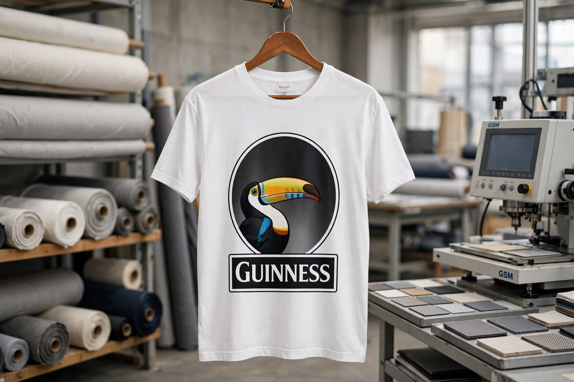 White Guinness t-shirt with colorful toucan graphic hanging on wooden hanger in premium fabric engineering factory with high-density 200-280 GSM combed cotton jersey rolls and GSM testing equipment - wholesale custom tees