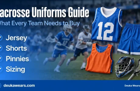 Lacrosse uniforms guide showing jersey, shorts, pinnies, sizing and lacrosse gear for team players