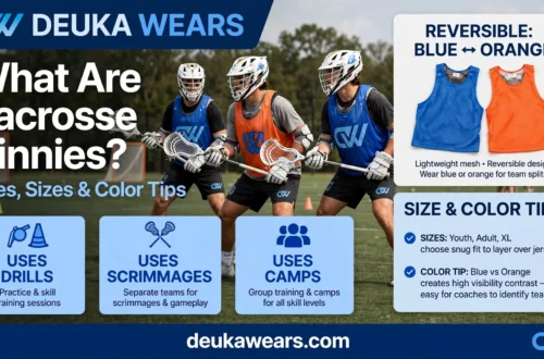 Lacrosse pinnies guide showing reversible blue and orange pinnies, uses, sizes, and color tips