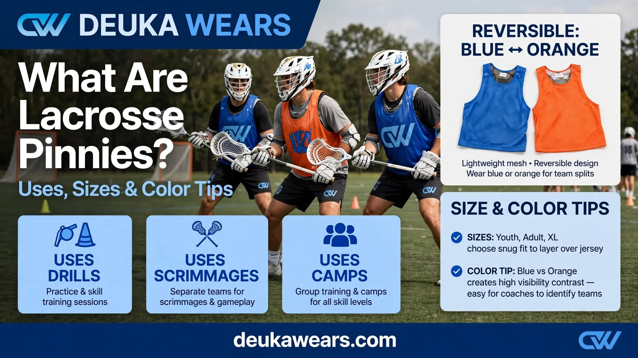 Lacrosse pinnies guide showing reversible blue and orange pinnies, uses, sizes, and color tips